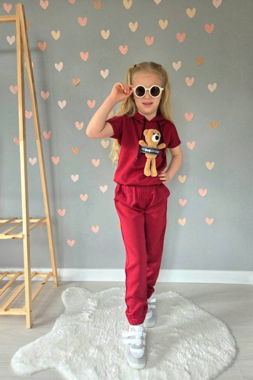 AYICIKLI KAPŞONLU PAÇASI LASTİKLİ KETEN TAKIM Bordo