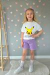 POKEMON YAZILI PİKHACU BASKILI KOT ŞORTLU TAKIM  Lila