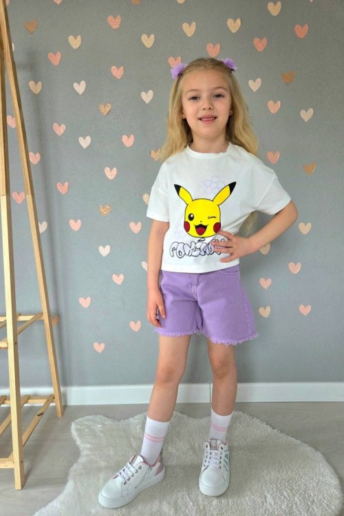 POKEMON YAZILI PİKHACU BASKILI KOT ŞORTLU TAKIM  Lila