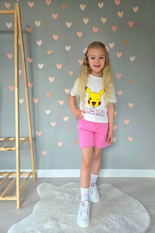 POKEMON YAZILI PİKHACU BASKILI KOT ŞORTLU TAKIM  Pembe