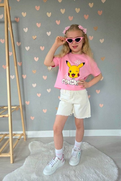 POKEMON YAZILI PİKHACU BASKILI KOT ŞORTLU TAKIM  Beyaz