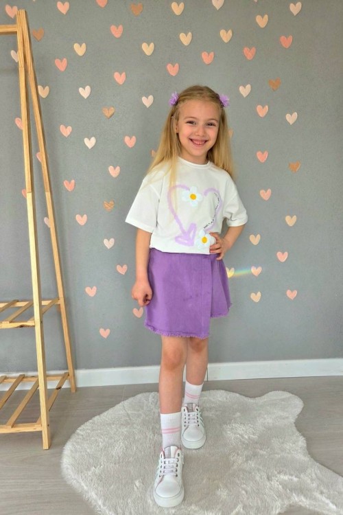 KALP PAPATYA DESENLİ KOT ŞORT ETEK TAKIM  Lila