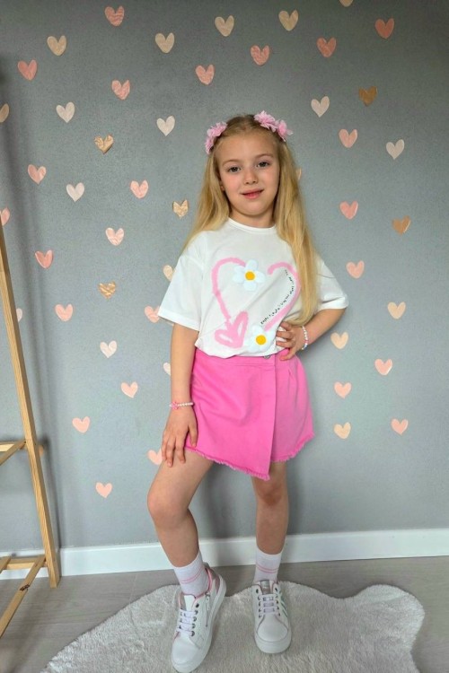 KALP PAPATYA DESENLİ KOT ŞORT ETEK TAKIM  Pembe