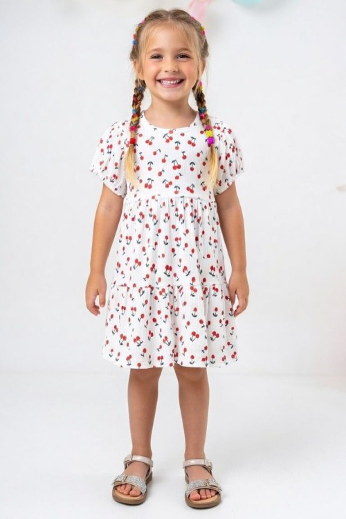 HER YERİ MİNİK KİRAZ DESENLİ ELBİSE Beyaz