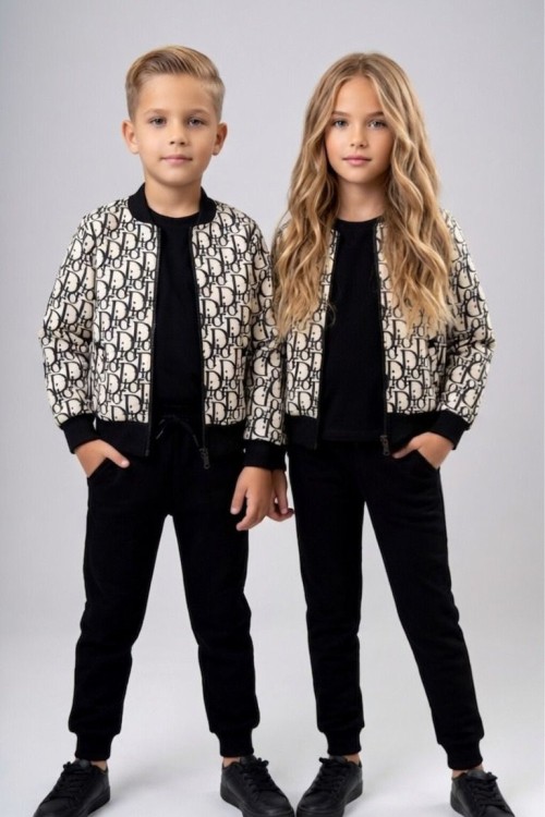 UNİSEX DİOR YAZILI CEKET 3 LÜ EŞOFMAN TAKIMI  Krem