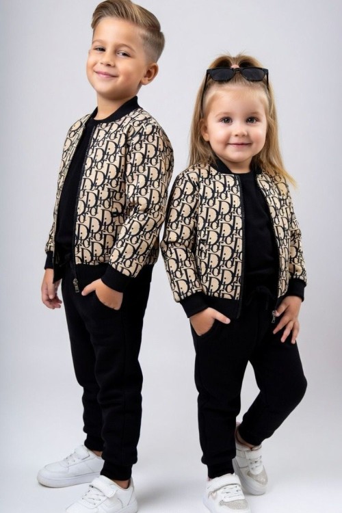 UNİSEX DİOR YAZILI CEKET 3 LÜ EŞOFMAN TAKIMI  Bej