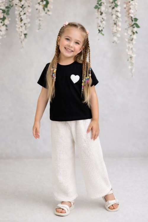 ÜST TEK KALP DETAYLI ALT UZUN BUBBLE İSPANYOL TAKIM  Siyah