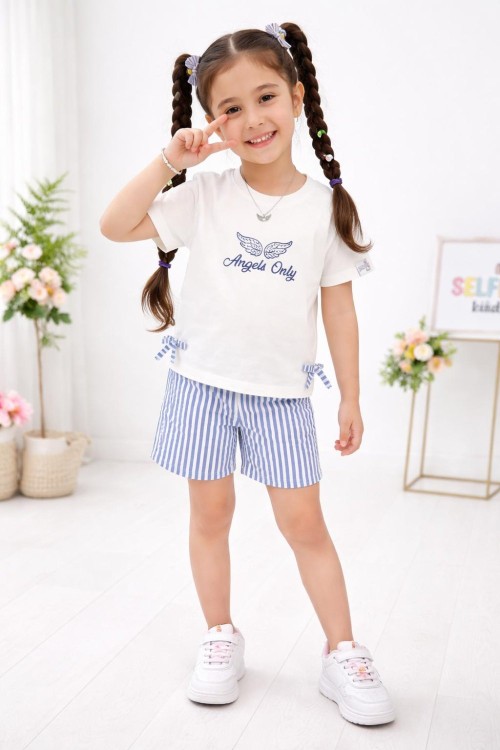 ANGELS ONLY YAZILI SU YOLU DESENLİ ŞORTLU TAKIM  Mavi