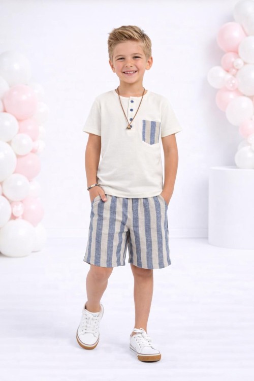 3 DÜĞMELİ CEPLİ KALIN ÇİZGİLİ ŞORTLU TAKIM  Mavi