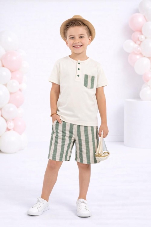 3 DÜĞMELİ CEPLİ KALIN ÇİZGİLİ ŞORTLU TAKIM  Yeşil