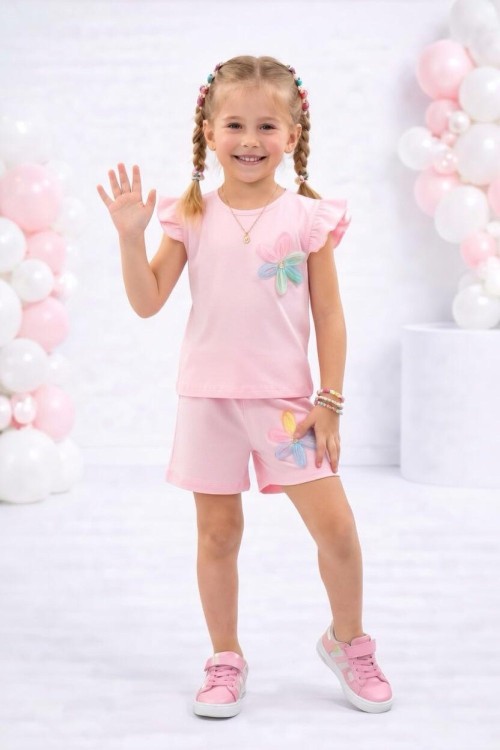 KOLU FIRFIRLI YAKASI VE ŞORTU ZAMBAK ÇİÇEKLİ ŞORTLU TAKIM  Pembe