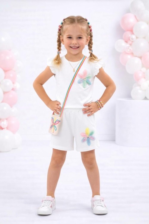 KOLU FIRFIRLI YAKASI VE ŞORTU ZAMBAK ÇİÇEKLİ ŞORTLU TAKIM  Beyaz