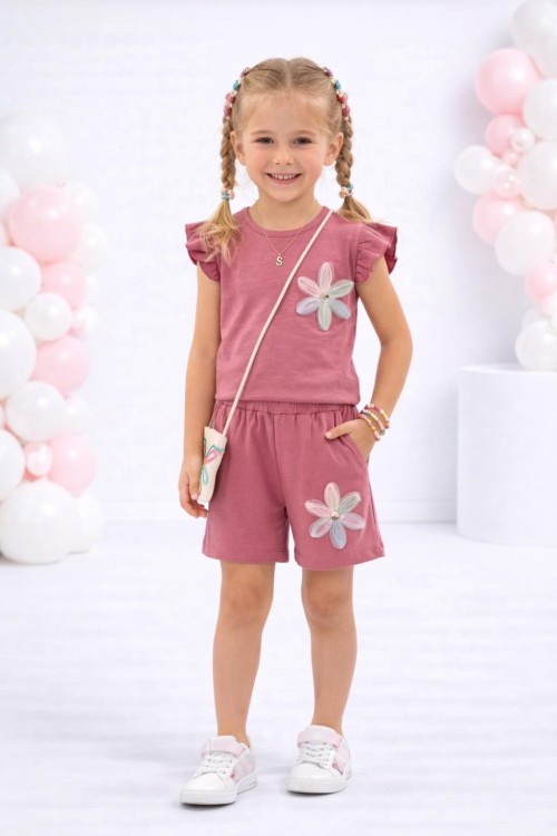 KOLU FIRFIRLI YAKASI VE ŞORTU ZAMBAK ÇİÇEKLİ ŞORTLU TAKIM  Gül