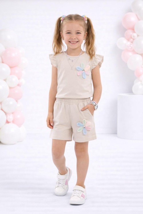 KOLU FIRFIRLI YAKASI VE ŞORTU ZAMBAK ÇİÇEKLİ ŞORTLU TAKIM  Krem