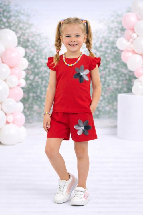 KOLU FIRFIRLI YAKASI VE ŞORTU ZAMBAK ÇİÇEKLİ ŞORTLU TAKIM  Kırmızı