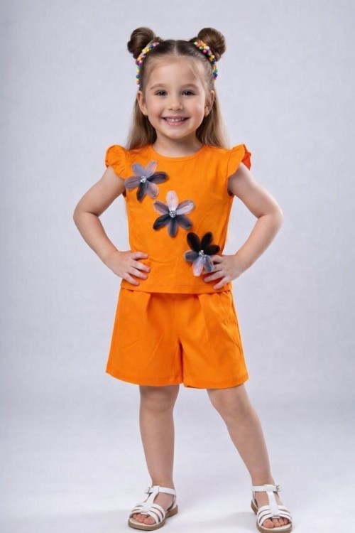 ÜST 3 ZAMBAK ÇİÇEKLİ ALT SADE ŞORTLU TAKIM  Turuncu