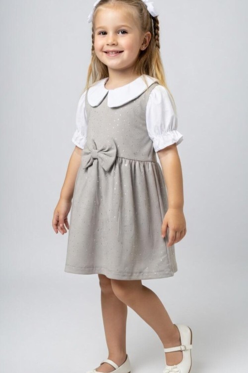 GÖMLEK YAKA HERYERİ TAŞLI FİYONKLU KISAKOLLU ELBİSE  Gri