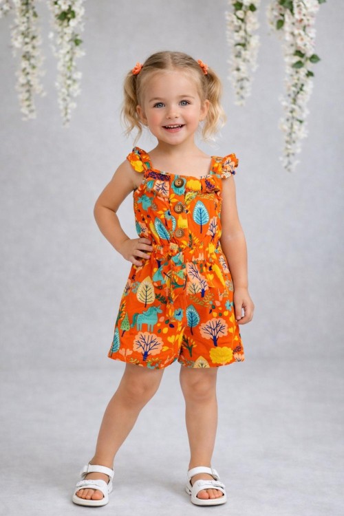 YAPRAK DESENLİ DÜĞMELİ  ASKILI ŞORTLU TULUM Turuncu