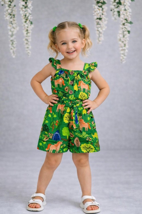 YAPRAK DESENLİ DÜĞMELİ  ASKILI ŞORTLU TULUM Yeşil