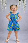 YAPRAK DESENLİ DÜĞMELİ  ASKILI ŞORTLU TULUM Mavi
