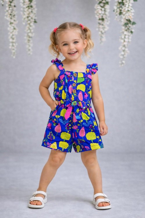 YAPRAK DESENLİ DÜĞMELİ  ASKILI ŞORTLU TULUM Mor