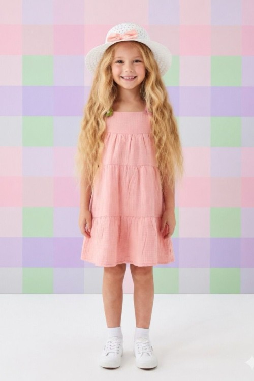 İNCE ASKILI ÇİÇEK DETAYLI ŞAPKALI MÜSLİN ELBİSE  Somon