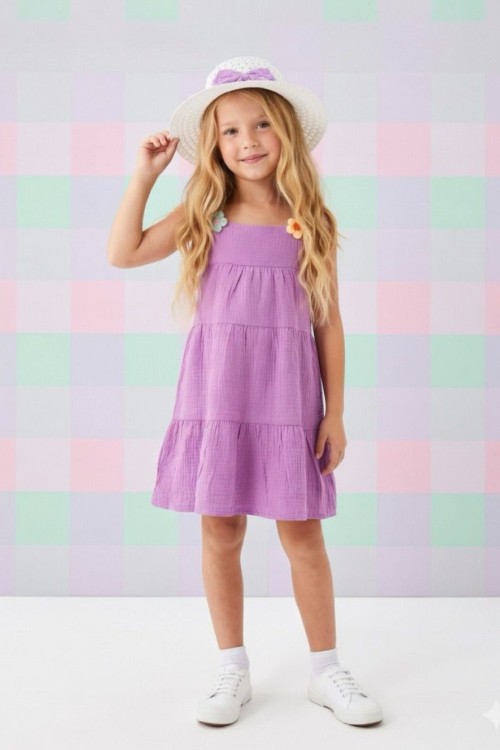 İNCE ASKILI ÇİÇEK DETAYLI ŞAPKALI MÜSLİN ELBİSE  Mor