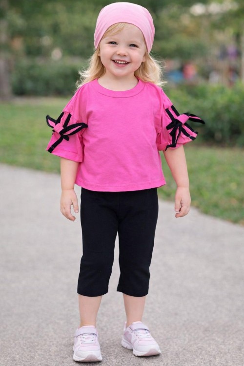 İKİ KOLU FİYONKLU KISAKOLLU TAYTLI KAPRİ TAKIM Fuşya