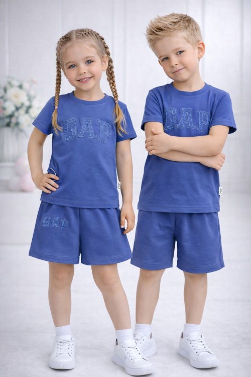 UNİSEX TİŞÖRT VE ALT GAP YAZILI ŞORTLU TAKIM  Mavi