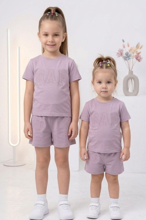 UNİSEX TİŞÖRT VE ALT GAP YAZILI ŞORTLU TAKIM  Lila