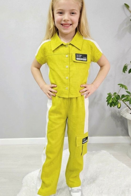 ETİKETLİ GÖMLEKLİ CEPLİ KETEN İSPANYOL TAKIM  Yağ Yeşili