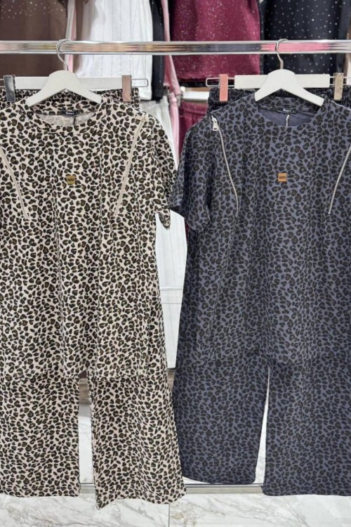 İKİ OMZU FERMUARLI BAYAN LEOPARLI İKİLİ TAKIM Füme