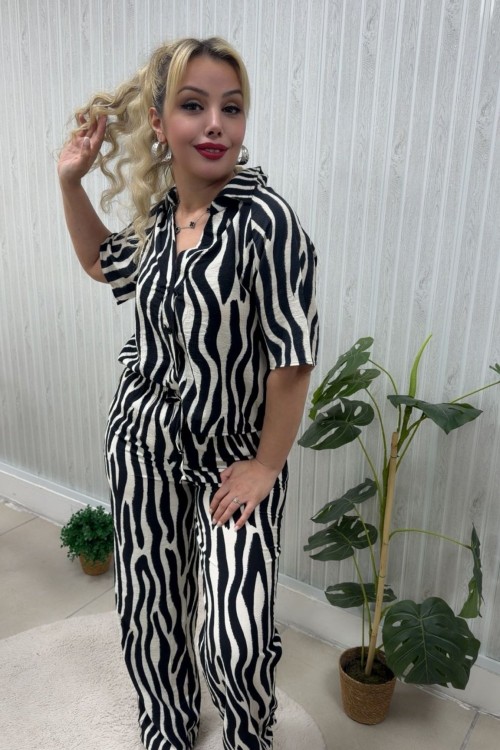 SİYAH BEYAZ ZEBRA DESENLİ  KADIN İKİLİ TAKIM  Siyah Beyaz