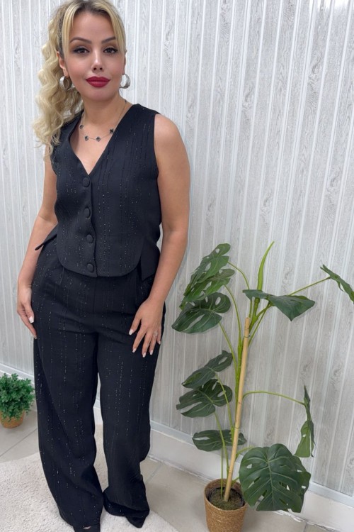 DÜĞMELİ IŞILTILI ÇİZGİ  TEK KADIN YELEK Siyah