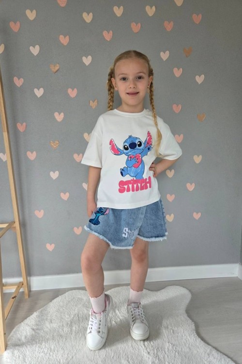 STİCH KALPLİ KOT ŞORT ETEK TAKIM Beyaz