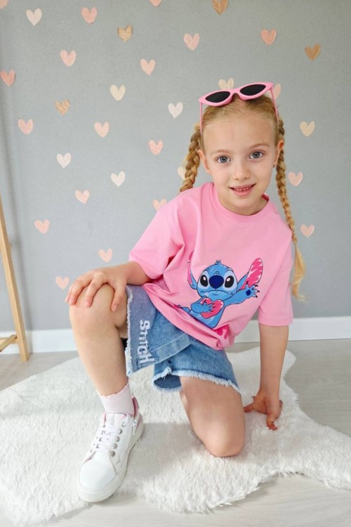 STİCH KALPLİ KOT ŞORT ETEK TAKIM Pembe