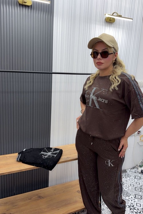 CALVİN KLEİN CK YAZILI TAŞLI EŞOFMAN TAKIMI  Kahverengi