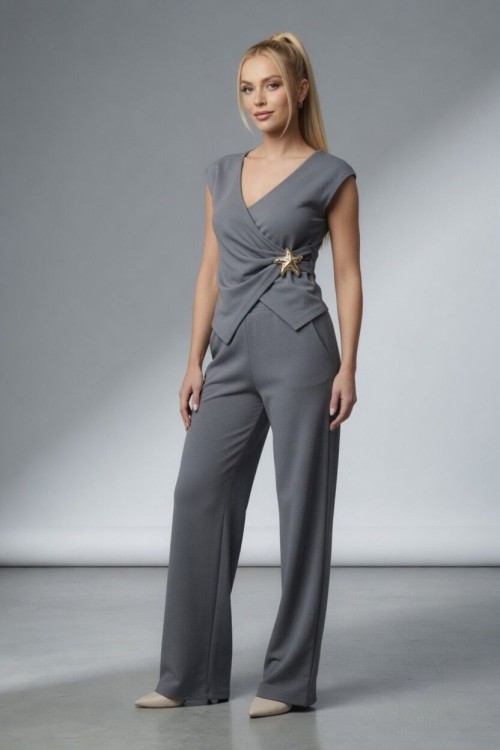 BELİNDE GOLD YILDIZ DETAYLI YELEKLİ PANTOLON TAKIM Antrasit