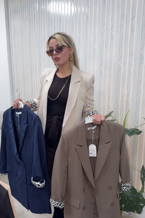 KOL LEOPAR KATLAMALI BLAZER KADIN CEKET Krem