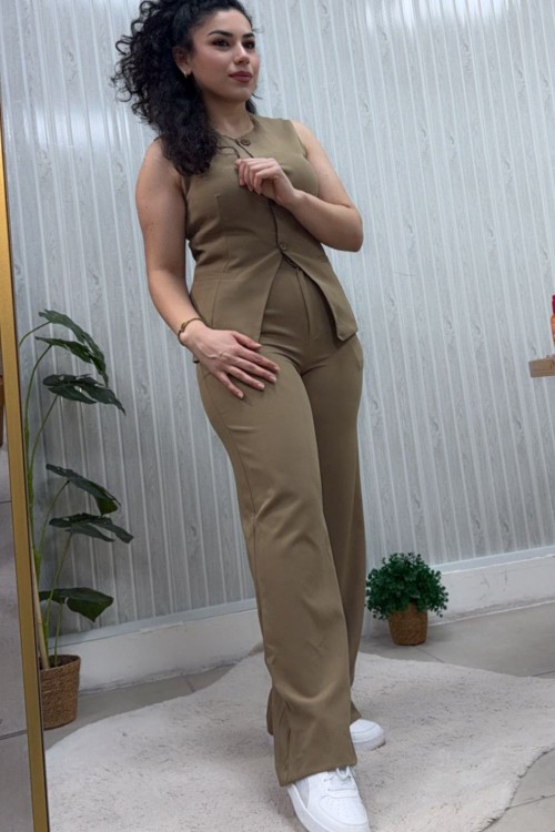 4 DÜĞMELİ BELDEN OTURMALI YELEKLİ PANTOLON TAKIM Bej