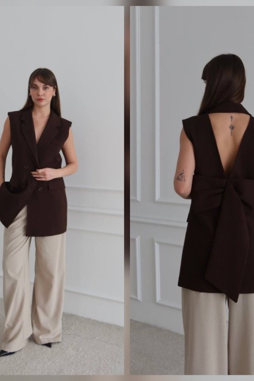 SIRT FİYONKLU DERİN DEKOLTE YELEK Kahverengi