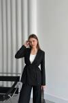 ÇİZGİLİ BELİ İPLİ BLAZER CEKET  Lacivert
