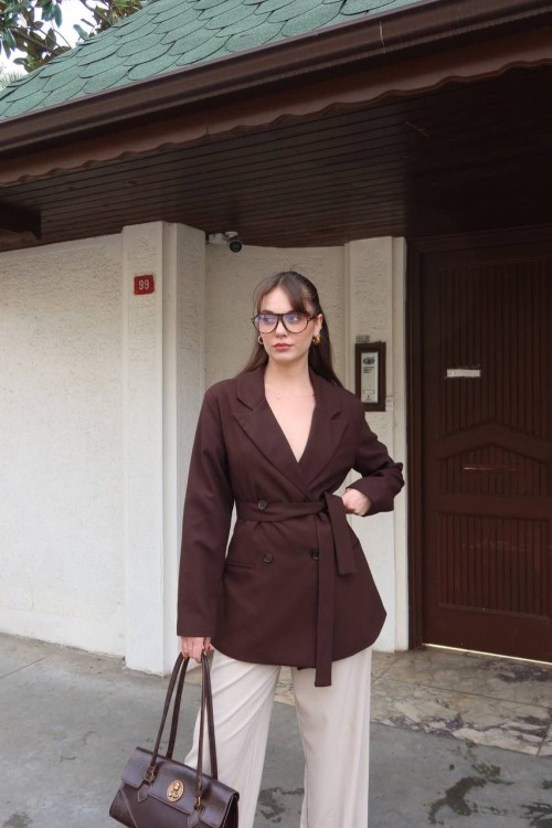 DÜĞMELİ BEL BAĞLAMALI BLAZER KADIN CEKET Kahverengi