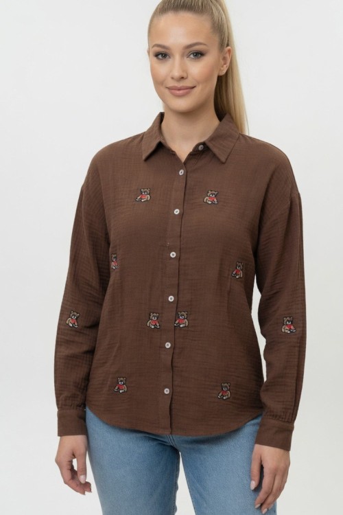 AYICIK NAKIŞLI MÜSLİN GÖMLEK  Kahverengi