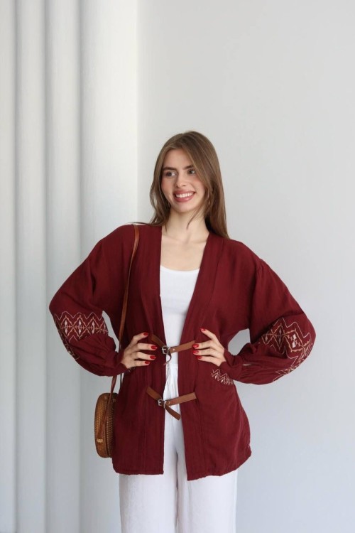 KOLLARI ETNİK DESEN KEMER TOKALI UZUN KOL YAZLIK CEKET Bordo