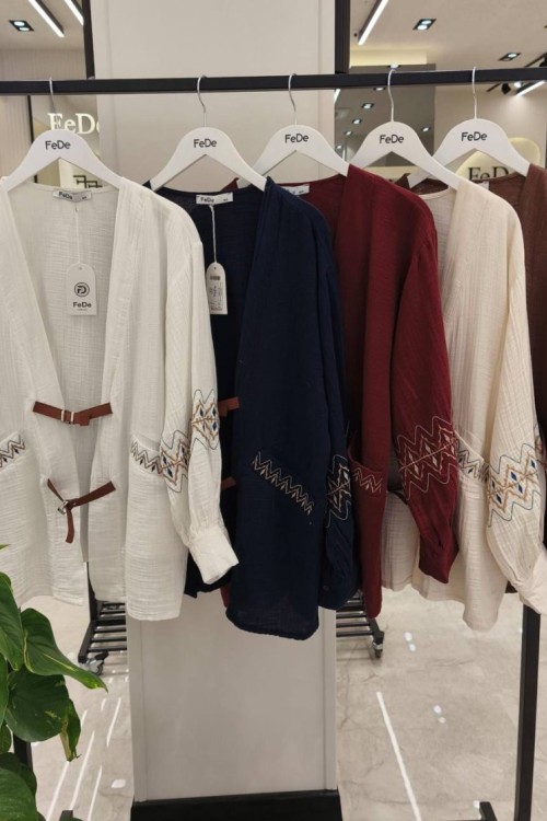 KOLLARI ETNİK DESEN KEMER TOKALI UZUN KOL YAZLIK CEKET Kahverengi