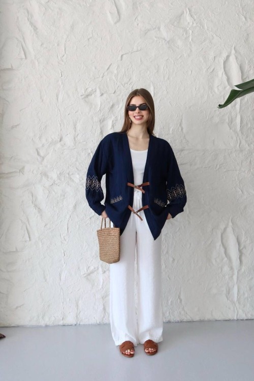 KOLLARI ETNİK DESEN KEMER TOKALI UZUN KOL YAZLIK CEKET Lacivert