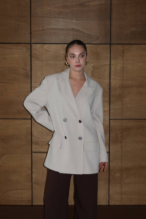 TEK KAPAKLI OVERSİZE BLAZER CEKET Krem