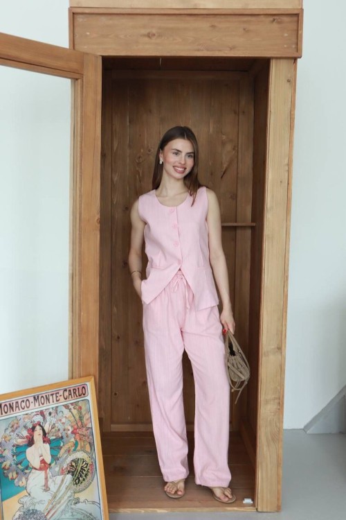 DÜĞMELİ YELEKLI KETEN GÖRÜNÜMLÜ İKİLİ TAKIM  Pembe