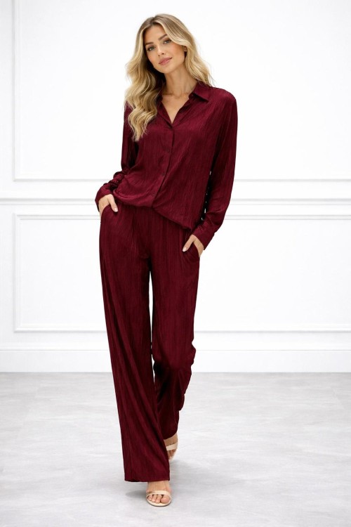 IŞILTILI PLİSE DÖKÜMLÜ PANTOLON TAKIM Bordo